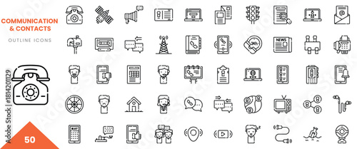 A collection of 50 outline icons representing various forms of communication and contacts.