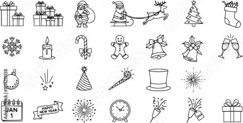 Christmas  New Year Line Art Icons: Gift, Santa, Reindeer, Tree, Stocking, Snowflake, Bells, Champagne, Calendar, Party, Firework, Clock, Ornament, Candle, Candy Cane, Hat