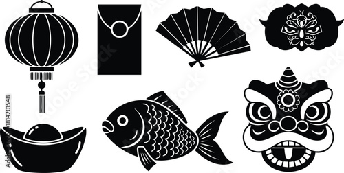 Chinese traditional symbols lantern fan fish dragon mask and gold ingot vector icons set