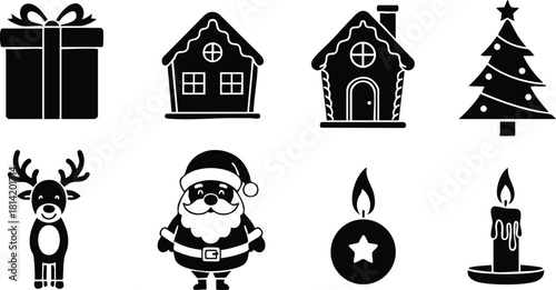 Christmas holiday icons gift box gingerbread houses decorated tree reindeer santa claus candle flame vector illustration