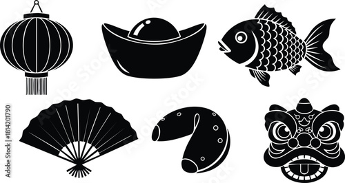 Chinese traditional symbols vector set with lantern, gold ingot, fish, fan, dumpling, and lion dance mask silhouette illustration