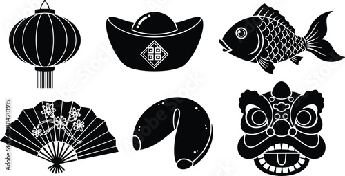 Chinese traditional symbols lantern fan fortune cookie dragon mask and gold ingot vector illustration collection