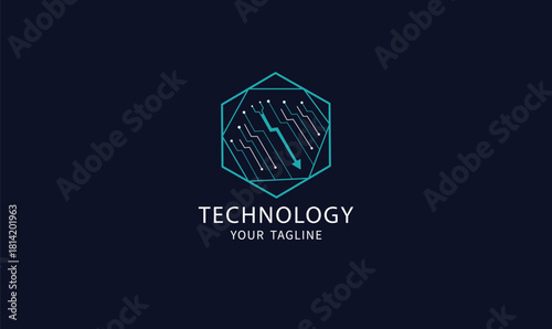 Technology logo featuring a hexagon with circuit lines symbolizing innovation, digital connectivity, and advanced tech solutions