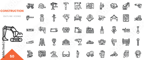 Collection of 50 outline icons illustrating various construction tools and machinery.