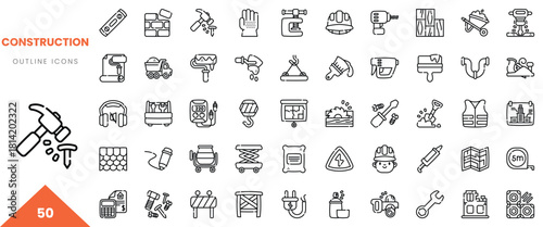 A collection of 50 construction outline icons showcasing tools and equipment.