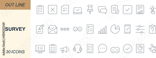 Survey vector icon set with minimal line art designs of forms, polls, feedback, rating, charts, and reports. Perfect for apps, web, research, business, and UI projects.