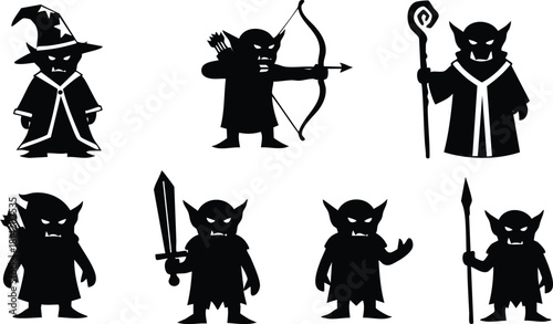 Dark fantasy goblin characters with weapons and wizard staff silhouette vector illustration
