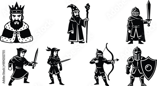 Medieval king wizard knight soldier archer vector illustration in black silhouette style
