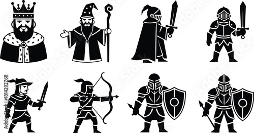 Medieval knights and king vector set with archers and soldiers in armor holding swords and shields illustration