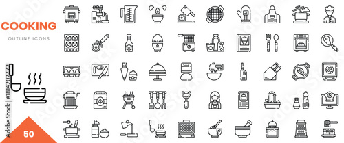 A collection of cooking outline icons featuring various kitchen tools and ingredients in black and white.