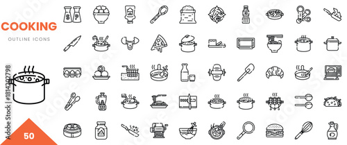 A collection of cooking outline icons including pots, utensils, and food items depicted in minimalist design.