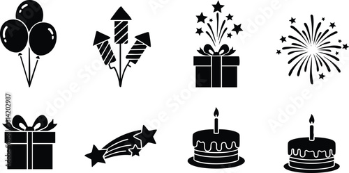 Birthday celebration icons with balloons fireworks gifts cakes and stars vector illustration
