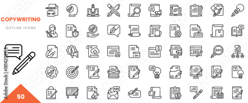 Collection of modern outline icons representing copywriting concepts and tools.