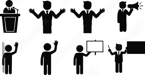Businessman silhouette icons presenting, speaking, and communicating with megaphone and charts vector illustrations