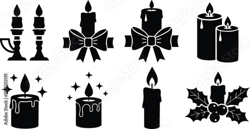 Christmas candle icons set with holly berry decoration and festive bow vector illustration