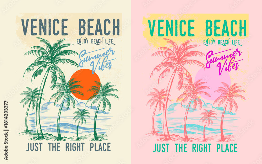 Naklejka premium enjoy the beach life, Venice beach illustration. hand made palm tree artwork. summer t-shirt design. beach graphics artwork for women's fashion.