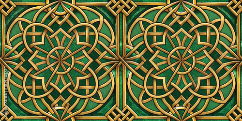 Intricate golden and green Celtic knot design with a symmetrical pattern and rich textures.