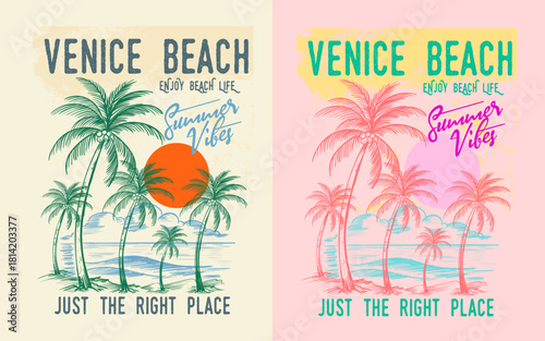 enjoy the beach life, Venice beach illustration. hand made palm tree artwork. summer t-shirt design. beach graphics artwork for women's fashion.