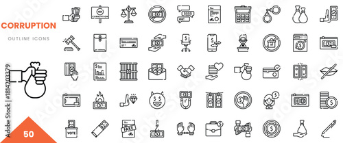 A collection of line icons depicting various aspects of corruption, such as money and technology.