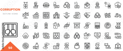 Illustration of corruption-themed outline icons including money, voting, and justice symbols.