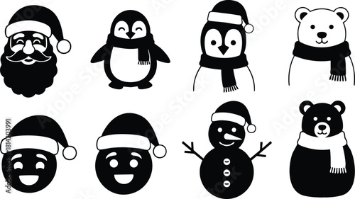 Christmas black and white icons set with Santa Claus penguins polar bears snowman festive winter vector illustration