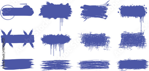 Collection of twelve blue grunge paint splatter shapes for graphic design elements