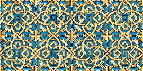 Intricate golden and blue geometric pattern, showcasing a blend of elegance and symmetry.