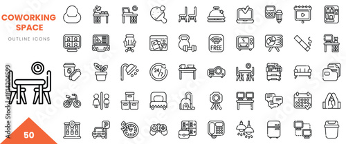 A diverse collection of outline icons representing essential elements of a coworking space.