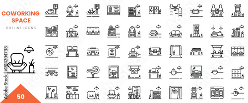 Illustration of various coworking space icons in a minimalist outline design.