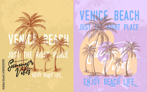 Tropical palm trees silhouette on a sandy beach at sunset, perfect for a summer holiday vector illustration or travel poster design, t-shirt, sweatshirt, summer beach.