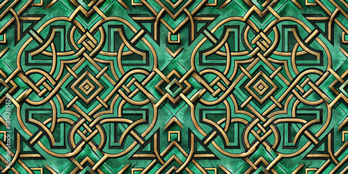 Intricate turquoise and gold geometric pattern featuring overlapping designs.