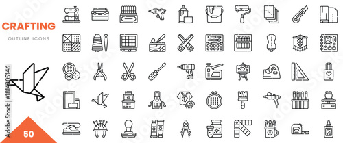 A collection of 50 crafting outline icons showcasing various tools and materials for creative projects.