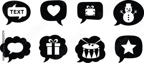 Black speech bubble icons with text heart gift snowman birthday present party star vector illustration