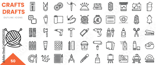 Collection of various crafting and sewing icons in a minimalist outline style.
