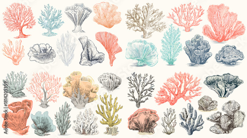 Detailed watercolor coral reef illustration set featuring diverse marine plants, sea branches, and natural underwater textures in soft coral, blue, and neutral tones. Ideal for ocean themed designs an
