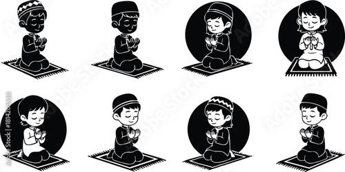 Children praying on mats in various positions black and white vector illustration set