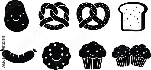 Cute black and white bakery and food icons with smiling potato sausage pretzel bread and muffins vector illustration