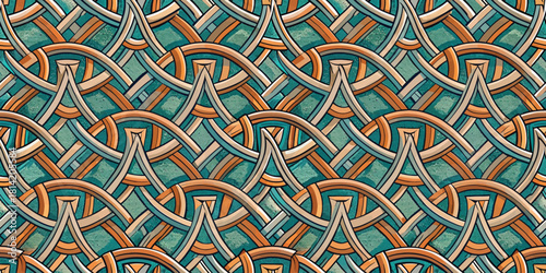 Intricate woven pattern featuring blue and earthy tones, creating a visually appealing textile design.