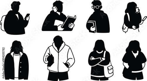 Silhouettes of diverse people using phones and reading books in casual poses vector illustration