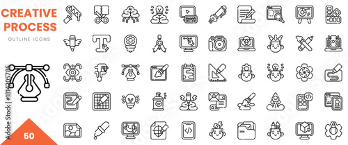 Set of creative process icons including design tools, media elements, and digital devices.