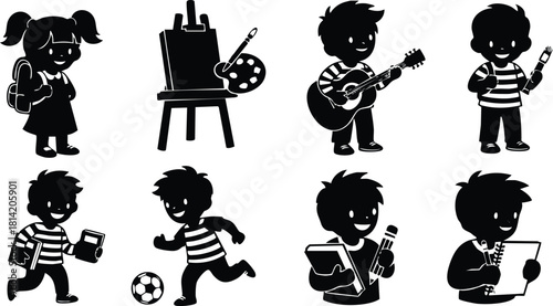 Children playing and engaging in leisure activities with guitar painting soccer and reading in silhouette vector illustration