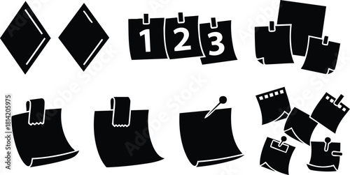Black sticky notes and paper clip icons in various shapes and numbers vector illustration for office organization and reminders