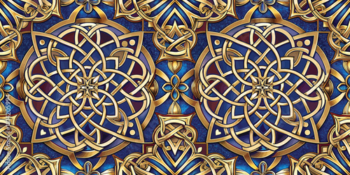 Intricate golden knot pattern on a deep blue background, showcasing elegant symmetry and design.