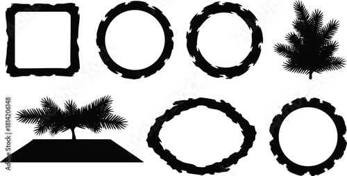 Black silhouette grunge style frames and pine tree vector illustration for design elements and decorative borders