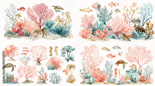 Beautiful watercolor coral reef illustration featuring turtles, fish, seahorses, and ocean plants in warm pastel tones. Perfect for marine themed artwork, patterns, invitations, and creative projects.