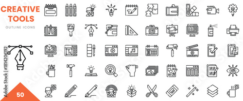 A collection of 50 outline icons representing various creative tools and artistic activities.