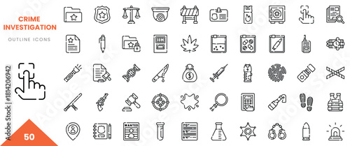 A collection of crime investigation icons in black and white outline style, perfect for design projects.