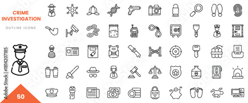 Diverse crime investigation outline icons featuring police, forensic tools, and evidence collection.
