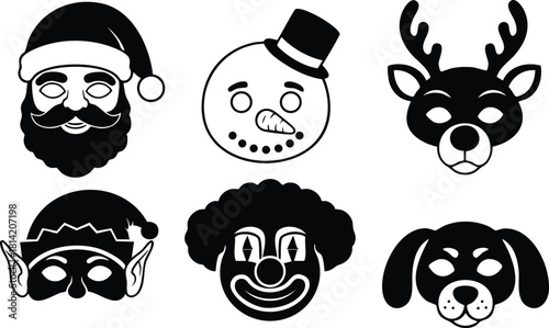 Christmas holiday festive icons including Santa Claus snowman reindeer elf clown and dog faces vector illustration