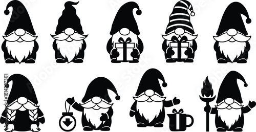 Cute gnome characters with holiday hats holding gifts and accessories vector illustration black and white
